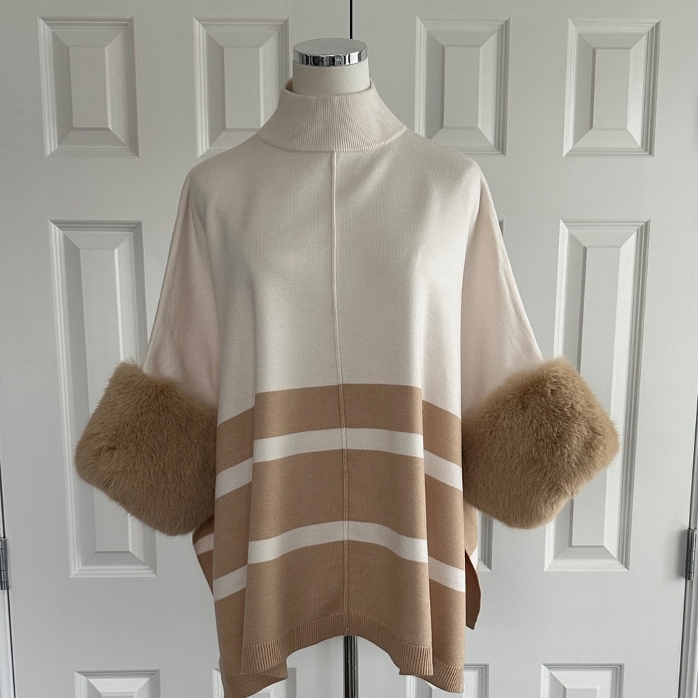 NWT Saks Fifth Avenue Cream Tan Fur Trim High Neck Sweater Poncho Size L-XL